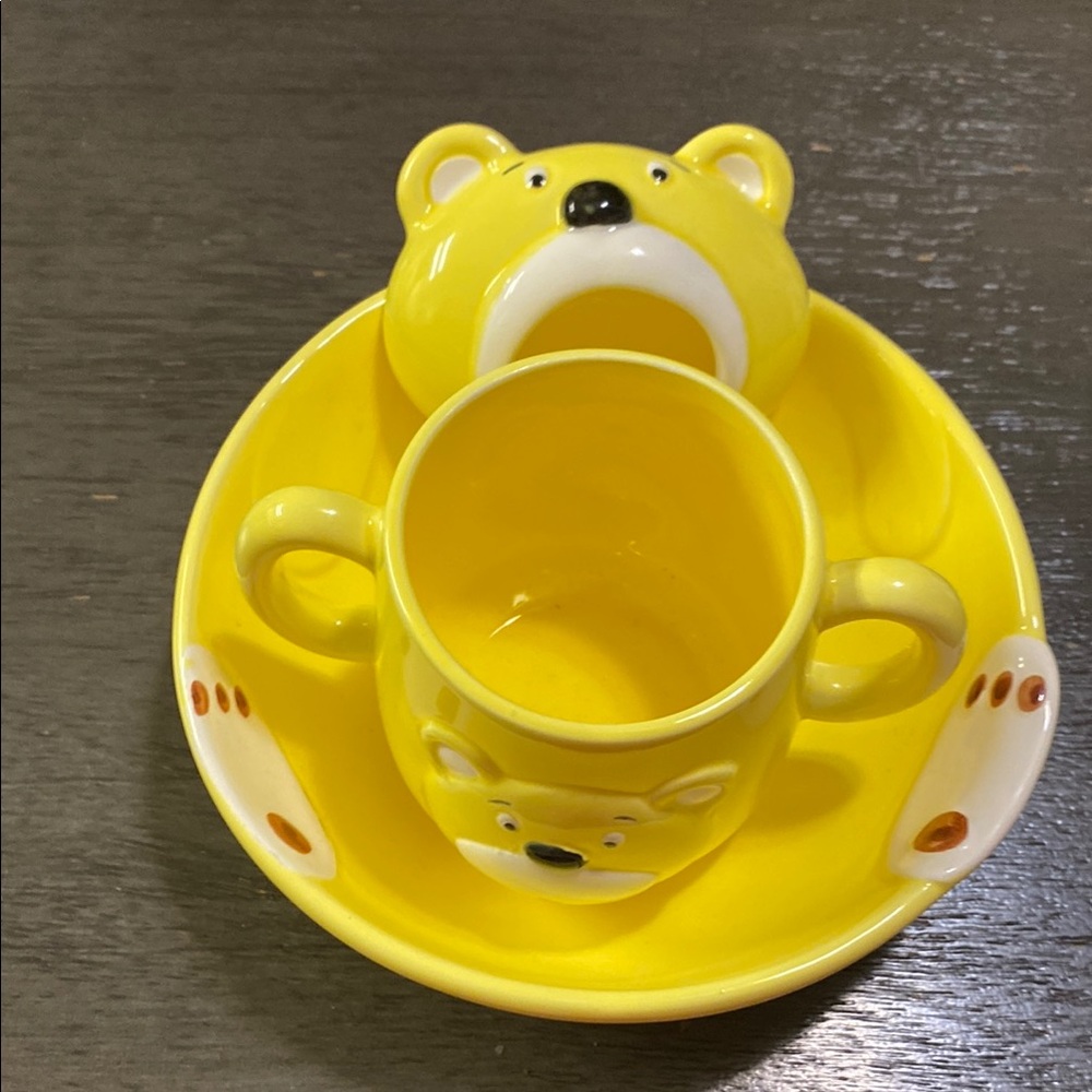 HIC Feed the bear vintage yellow bowl & sipping cup set
